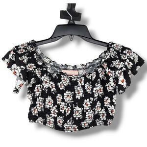 BOG Collective Women's Daisy Floral Smocked Flutter Sleeve‎ Cropped Top Black XS